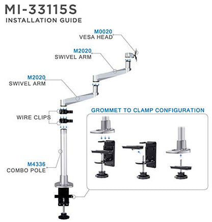 Mount-It! Premium Modular Monitor Desk Mount Arm Stand | Single Tilt Swivel Arm Fits 19 21.5 24 27 32 Inch Computer Screens with 75 100 VESA Patterns | C-Clamp and Grommet Bases | Silver
