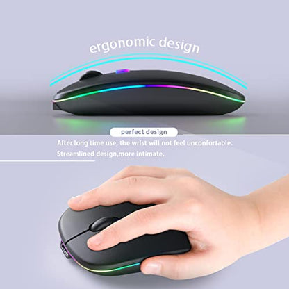 KANMABPC Wireless Bluetooth Mouse – Rechargeable, Silent, Dual Mode (Bluetooth 5.2 & USB) with LED Lights – Portable for Laptop, Desktop, & Tablet(Black) - color: Black