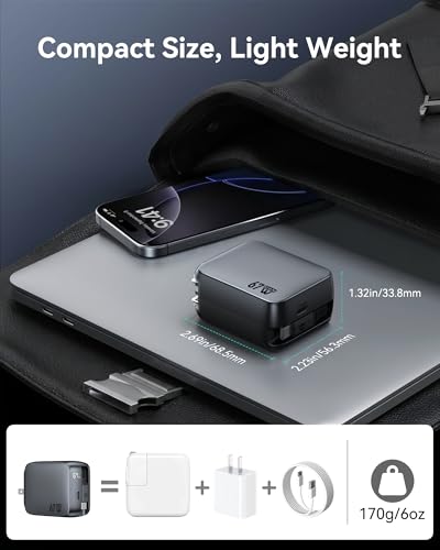 Retractable USB C Charger, 67W 2-Port Fast Charger with Retractable Cables and Foldable Plug and, PD/PPS Wall Adapter for iPhone 17/16/15 Series/MacBook Air/Airpods 4/Galaxy S26/S25 - color: Gray