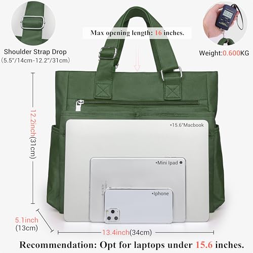 VOLGANIK ROCK Canvas Tote Bag Waterproof Nylon Multi Pocket Shoulder Bags Laptop Work Bag Teacher Purse Handbag for Women Men - color: Army Green