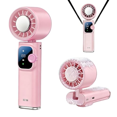 Portable Handheld Fan with Ice Cooling, Personal Rechargeable Fan 20000RPM,199-Speed Mini Neck Fan with 4000mAh Battery Powered up to 15hrs with LED Display for Travel, Camping & Outdoor, Pink - color: Pink