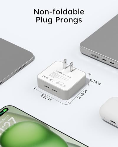 Nekmit Dual USB C Wall Charger, 50W PD PPS Fast USB Charger Block with 2 USB-C Ports, Flat USB Wall Plug Adapter with Fixed Prongs for iPhone 17/16, MacBook Air, iPad and More (White) - color: White