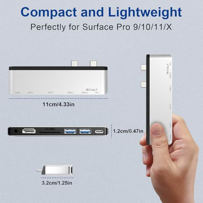 Surface Pro 9/10/11/X Docking Station, Surface Pro 11 USB Hub with 4K HDMI, USB-C Thunderbolt 4 (Display+Data+100W PD), 2 USB 3.0, 3.5mm Audio, SD/TF Card Slot for Surface Pro 9/10/ 11/ X - color: Silver
