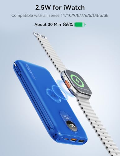 Portable Charger 10000mAh 20W, Wall Plug, 2 Cables, iWatch Charging | Digital Display, Compact Lightweight, USB C Fast Charge, USB-A 18W, Multi Protection, Travel Essential, for iPhone 17 16, Pad - color: Sapphire Blue