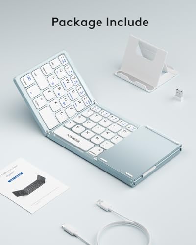 Samsers Foldable Bluetooth Keyboard with Touchpad, Ultra Slim Compact, Blue | Multi-touch Trackpad, Full Size, Phone Holder, USB-C Charging, 3 Device, for Android Windows iOS Mac OS, Mobile Productivity - color: Sky Blue, size: 3-Device