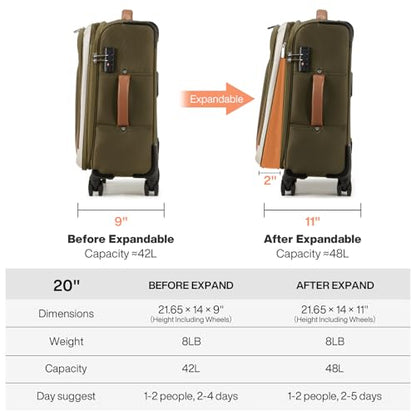mixi Carry On Luggage 20 Inch Softside Suitcase, Tea Brown-Off White | Front Pocket, 22x14x9 Airline Approved, Rolling Spinner Wheels, TSA Lock, Lightweight - color: Tea Brown-Off White