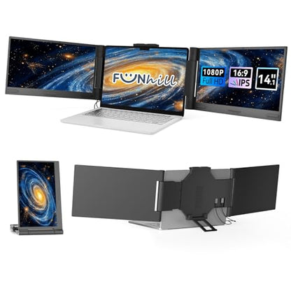 Laptop Screen Extender 14 inch Laptop Monitor Extender 1080P IPS, Triple Portable Monitor for Laptops 13-17.3" with USB-C DP/HDMI Port, Plug-Play Portable Screen for Windows/Mac/Chrome/Android