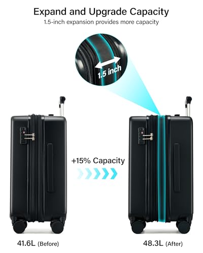 Hanke 20 Inch Expandable Carry On Luggage, Hard Shell with Side Hook | PC Hard Shell, Overhead Bin, Expandable Up to 15%, 8 Spinner Wheels, TSA Lock, Lightweight, Weekend Getaway - color: Jet Black, size: 20 Inch EXT