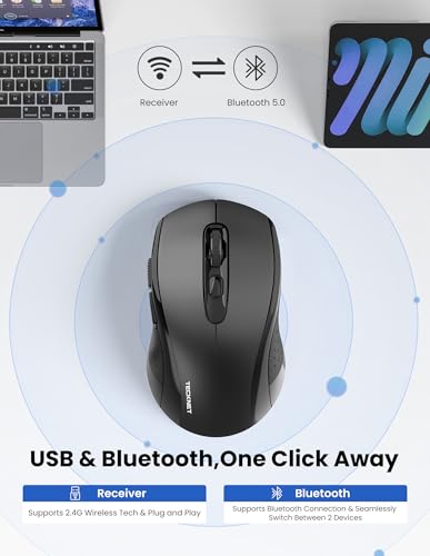 TECKNET 2-in-1 Bluetooth Mouse (BT 5.0/3.0+2.4Ghz), 6-Level 4000 DPI-Black | BT 5.0/3.0 & 2.4G wireless mouse with 4000 DPI, silent clicks, ergonomic design, and USB receiver for laptop and PC. - color: Bright Black