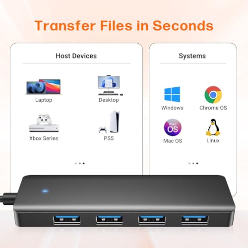 USB Hub 4 Ports, Multiple USB 3.0 Hub, USB A Splitter Ultra-Slim USB Expander for Mouse, Keyboard, Flash Drive, U Disk, Printer, Laptop PC, Desktop and More