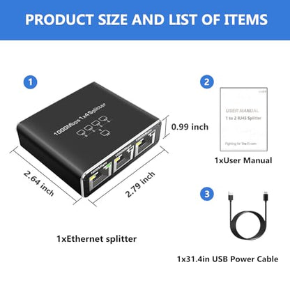 1000Mbps Ethernet Splitter 1 to 4 High Speed(4 Devices Simultaneously Networking), Gigabit Internet Splitters 1 in 4 Out, LAN Splitter with USB Power Cable, RJ45 Splitters for Cat5/5e/6/7/8 Cable - style: 1to4