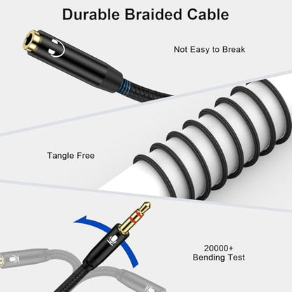 Headphone Splitter Cable for PC,3.5mm Female to 2 Dual Male Headphone Braided Audio Splitter Cable,Separate Audio Stereo Jack Microphone Headphone Port for Gaming Headset to PC Laptop Adapter - color: Black