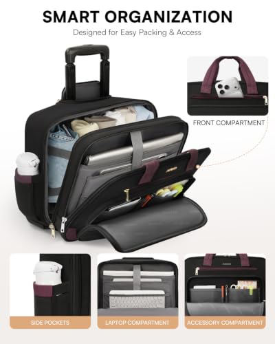 Puffer Rolling Laptop Briefcase Bag with Wheels For Women Work & Travel | Fits 16-Inch Computer Bag with Wheels, Water Resistant, TSA Friendly, 4 Pockets, Lockable Zippers, 3 Ways to Carry - color: Ribbed Black Purple