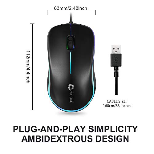 COOLERPLUS FC112 USB Optical Wired Computer Mouse with Easy Click for Office and Home, 1000DPI, Premium and Portable,Compatible with Windows PC, Laptop, Desktop, Notebook (Black)