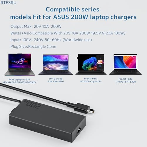 Ac Adapter 200w Adp-200jb K Power Supply Fit for Asus Rog Zephyrus G14 G16 Ga605w Gu605 Ga605 Tuf Gaming A14 Fa401 and Proart Px13 P16 H7606 Pz13 Hn7306 Laptops Charger Rectangle Connector (Black 02) - color: black 02