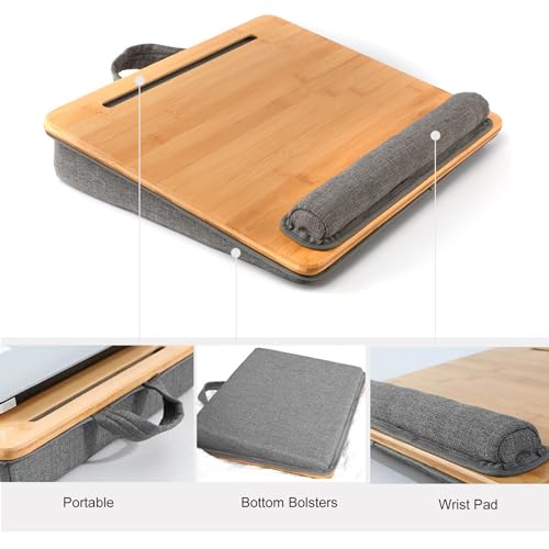 Bamboo Lap Desk for Laptop with Cushion Tablet Phone Holder Handle | Laptop Stand with Anti-Slip Strip Fits up to 15.6 inch Portable Computer Lap Desk for Couch, Bed & Car - size: 16.5"x13.4" Fixed