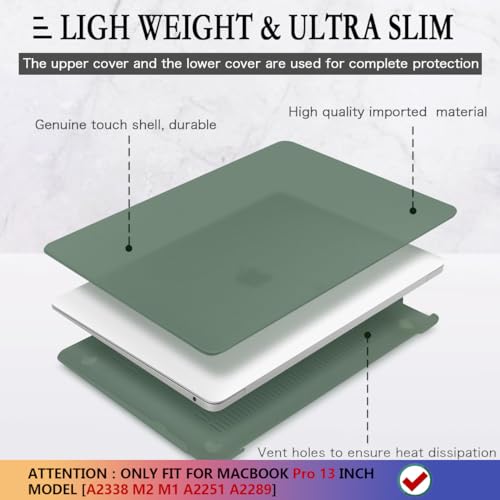 CISSOOK Case Compatible with MacBook Pro 13 inch 2025-2020 Release | 4in1 Set Hard Shell Case Midnight Green Cover with Keyboard Cover for MacBook Pro 13" M1 M2 A2338 A2251 A2289 - color: Light Matcha Green