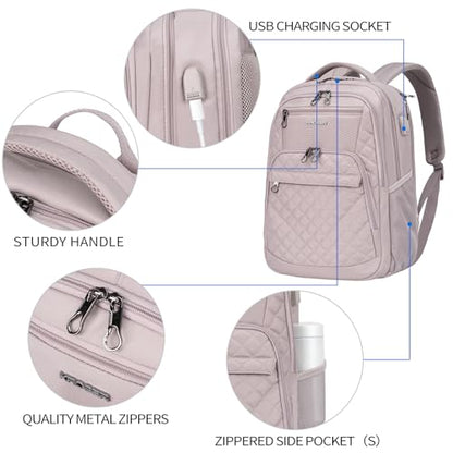KROSER Travel Laptop Backpack 17 Inch Large Computer Backpack Dusty Pink | Water-Repellent Daypack, USB Charging Port, RFID Pockets, for Work/Business/College/Men/Women, Quilted - color: Quilted Dusty Pink