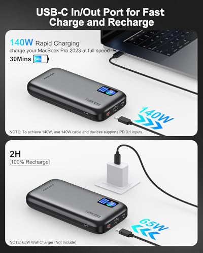 AsperX Laptop Power Bank, 25,000mAh 140W PD 3.1 Fast Charging USB C | TFT Display Portable Charger Battery Pack(92.5Wh) for MacBook Pro/iPhone 17/Dell XPS/Galaxy S25/ipad/HP (Flight-Approved) - color: Deep Grey