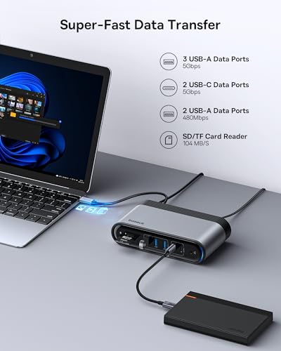 Baseus 17-in-1 Laptop Docking Station 3 Monitors with 4K HDMI+DP, USB C Docking Station with 7 USB, 1000Mbps Ethernet, 100W PD, Card Readers Compatible with Acer/HP/Lenovo/Mac/Dell - size: 17 in 1