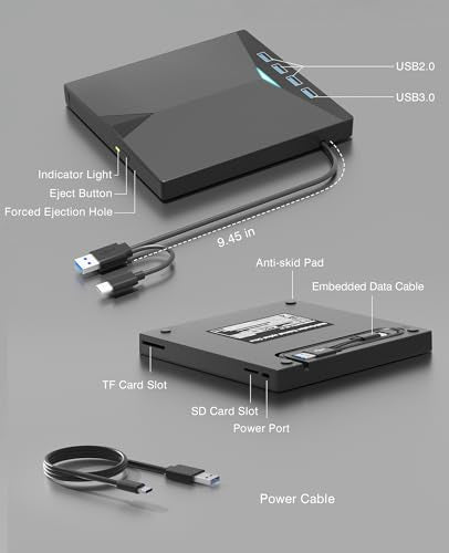 External CD/DVD Drive for Laptop PC,8 IN 1 LED Portable DVD Drive CD Burner CD-ROM DVD-/+RW Writer Reader with TF/SD Card Slots,USB 3.0 DVD Drive External,Compatible with Mac,Windows 11/10/8/7 (Black) - color: Black