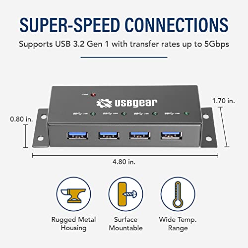 USBGear Compact 4-Port USB Hub, USB 3.2 Gen 1 Data High-Power Hub w/Power Adapter, Port Status LEDs, 5 Gbps Data, Surface Mountable