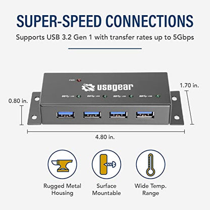 USBGear Compact 4-Port USB Hub, USB 3.2 Gen 1 Data High-Power Hub w/Power Adapter, Port Status LEDs, 5 Gbps Data, Surface Mountable