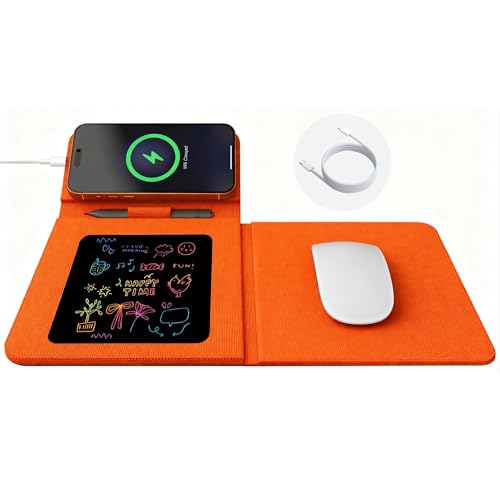Foldable Wireless Charging Mouse Pad with LCD Writing Tablet,15W Qi Magnetic Fast Charging Mouse Mat,Multi-functional PU Leather Charging Pad for iPhone Samsung iWatch,Portable Office Home Accessories - color: Orange