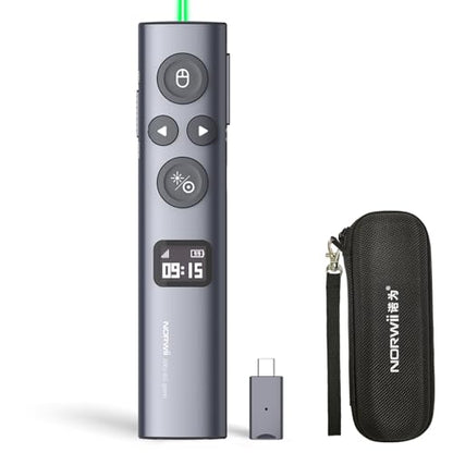 Norwii N95s Presentation Clicker for PowerPoint with Digital Laser Pointer | ①Magnify/Highlight/Air Mouse②TV Screen & Projector③OLED Battery Level Display④Vibration Countdown reminder⑤USB-C Rechargeable - color: Green - BLE&USB-C