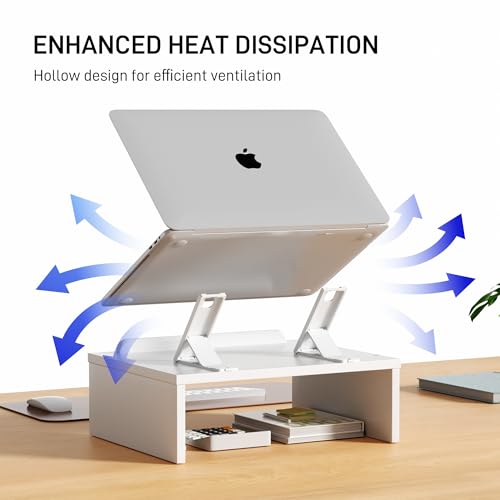 AFOOYO Adjustable Wood Laptop Stand with Storage Space - Notebook Organizer & Ergonomic Computer Riser, Wrist Rest Included, Compatible with 9.8-15'' Laptops (MacBook Air Pro/HP/Dell/Lenovo),White - color: White