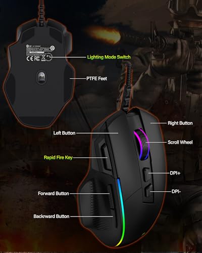 X49 Wired Computer Gaming Mouse,Rapid Fire Key,12K Sensor,Native 12400 DPI | 1ms Quick Response,20M Click Lifespan,105g Lightweight,RGB Backlit, 5.9Ft USB A Corded Gamer Mice, Ergonomic PC Maus,Black