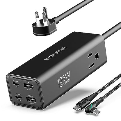 GaN 105W USB-C Charging Station with 2 AC Outlets 1500W – Dual 100W PD3.0, PPS 45W, 6-in-1 Laptop Desktop Power Adapter & Surge Protector Power Strip for iPhone, MacBook, iPad, Galaxy, Pixel