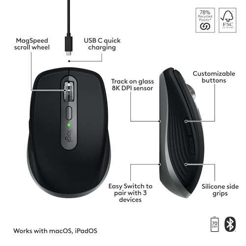 Logitech MX Anywhere 3S Mac Compact Wireless Mouse 8K DPI - Space Grey | Compact, Bluetooth, Any-surface tracking, Quiet clicks, USB C, iPad compatible - color: Space Grey