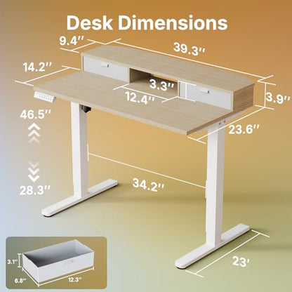 HUANUO 40" X 24" Electric Standing Desk with 2 Drawers, C-Clamp Mount Compatible, Height Adjustable Computer Desk, Home Office Stand Up Desk with 4 Preset Heights & 2 Hooks, Light Walnut - color: Light Walnut, size: 40" X 24"