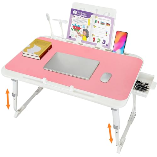 Laptop Desk for Bed, Adjustable Height Laptop Bed Table, Foldable Lap Desk with USB Charge Port, Desktop Card Slot, Side Drawer, Book Shelf, Portable Lap Tray for Eating Reading Working Sofa & Floor - color: Dark Pink