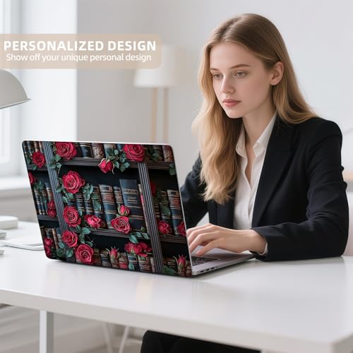 Universal Laptop Skin Sticker for 12/13/14/15.6 Inch Laptops, Reusable Vinyl Laptop Decal Cover, Waterproof Scratch Resistant Notebook Skin with 2 Wrist Pads,Red Roses Bookcase - color: Red Roses Bookcase