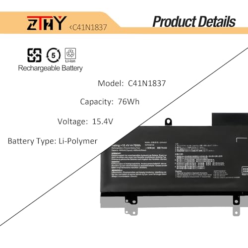 76Wh C41N1837 Laptop Battery Replacement for Asus Rog Zephyrus GA502 GU502 | GX502 GU532 GX532 GA501I GA502IU GA502GU GA502IV GA532DU GU502DU GU502GU GU502GV GU502LW GU532LV GU532GU GX502GW 15.4V - size: 11.34*3.86*0.39 inch C41N1837
