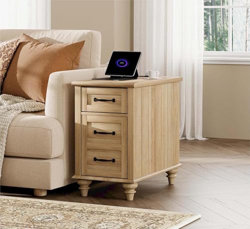 WAMPAT Farmhouse End Table with Charging Station, Light Wood Sofa Side Table with Storage Cabinet, Narrow Night Stand Bedside Table with Drawer for Living Room, Bedroom, Oak - color: Oak