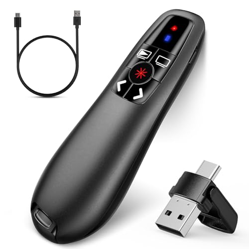 2-in-1 USB Type C Presentation Clicker, Clicker for PowerPoint Presentation | Rechargeable Wireless Presenter Remote , RF 2.4GHz USB PowerPoint Clicker Slide Advancer with Volume Control