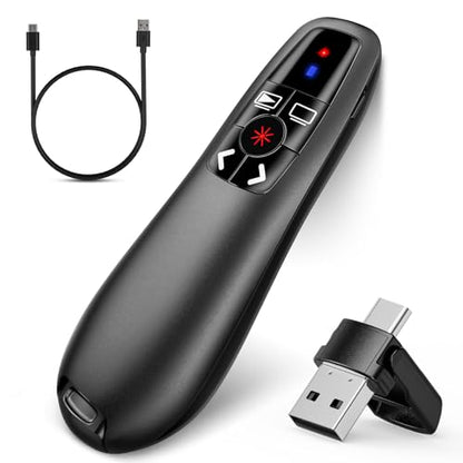 2-in-1 USB Type C Presentation Clicker, Clicker for PowerPoint Presentation | Rechargeable Wireless Presenter Remote , RF 2.4GHz USB PowerPoint Clicker Slide Advancer with Volume Control