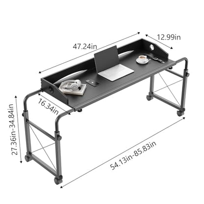 Overbed Table with Wheels, Adjustable Queen Size Bed Desk, Black | Fits Twin To King Beds, Adjustable Height & Length Rolling Over Bed Table For Hospital and Home, with 4 Locking Casters - color: Black