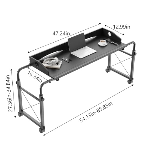 Overbed Table with Wheels, Adjustable Queen Size Bed Desk, Black | Fits Twin To King Beds, Adjustable Height & Length Rolling Over Bed Table For Hospital and Home, with 4 Locking Casters - color: Black