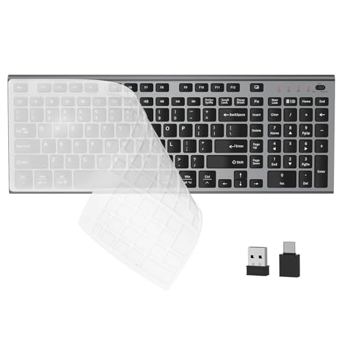 FENIFOX Wireless Silent Keyboard, Ultra Quiet USB C Low Profile Compact Full Size with Number Pad Flat Slim Thin Soft Touch for Mac Computer MacBook iMac PC Laptop Desktop Office (Black and Grey) - color: Black and Grey
