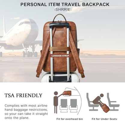 17 inch Leather Laptop Backpack for Women, Large Travel Backpack with 6 Compartments, Vegan Leather Computer backpack purse for Work Casual Daypack College - color: Brown