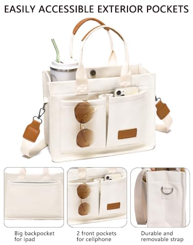 Canvas Tote Bag for Women,Women's Bags Crossbody Bags Work Laptop Tote Bag Large Handbags Purse for Travel Nurse Teacher - color: Beige With Compartments