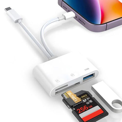SD Card Reader for iPhone iPad Mac, Digital Camera Adapter to iPhone Lightning & USB C Dual Connector, Trail Camera Memory Card Viewer with SD/Micro SD/USB-A 3 Slot, No App Plug and Play - size: 3 Slot