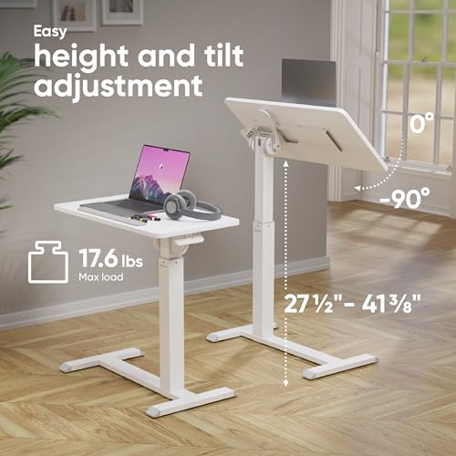 ONKRON Portable Desk on Wheels, max 17.6 lbs, Mobile Workstation, White | Height adjustable overbed table with 90° tilting top, hidden wheels, low-profile base; for laptop, bedside use & study