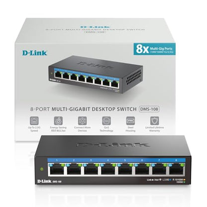 D-Link 8-Port 2.5GB Unmanaged Gaming Switch with 8 x 2.5G - Multi-Gig, Desktop or Wall Mount, Silent Operation, Plug & Play, Follows NDAA/TAA, (DMS-108), Ethernet Splitter, Multi-Gigabit Network - size: 8 Port Multi-Gig 2.5Gb