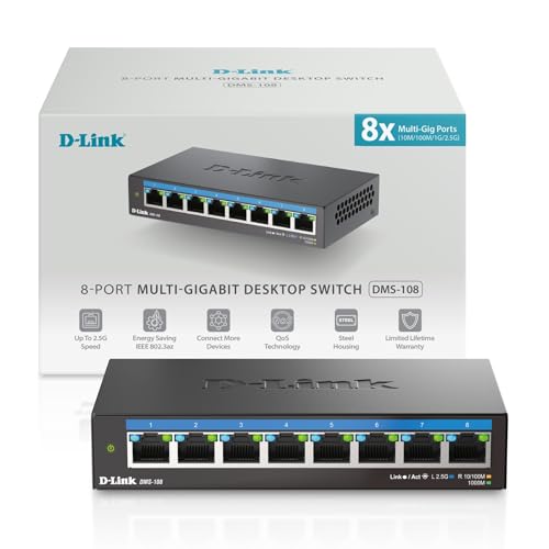 D-Link 8-Port 2.5GB Unmanaged Gaming Switch with 8 x 2.5G - Multi-Gig, Desktop or Wall Mount, Silent Operation, Plug & Play, Follows NDAA/TAA, (DMS-108), Ethernet Splitter, Multi-Gigabit Network - size: 8 Port Multi-Gig 2.5Gb