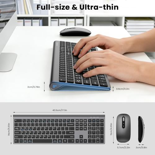 Rechargeable Wireless Bluetooth Keyboard and Mouse Combo, Full Size Silent Ergonomic Scissor Switch Keyboard and Optical Mouse Set, 2.4G Lag-Free Cordless Keyboard Mice for Computer,Mac,Laptop,PC-Grey